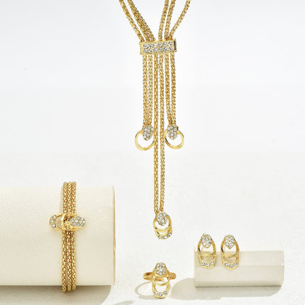 Conjunto De Pendientes, Pulsera, Collar Y Anillo Con Diseño Minimalista Y Diamantes De Aleación Chapado En Oro 14K