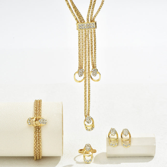 Conjunto De Pendientes, Pulsera, Collar Y Anillo Con Diseño Minimalista Y Diamantes De Aleación Chapado En Oro 14K