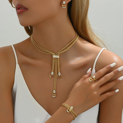 Conjunto De Pendientes, Pulsera, Collar Y Anillo Con Diseño Minimalista Y Diamantes De Aleación Chapado En Oro 14K