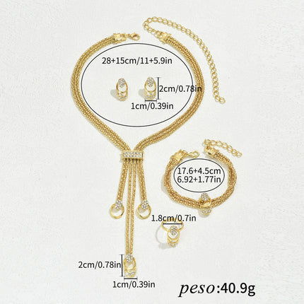 Conjunto De Pendientes, Pulsera, Collar Y Anillo Con Diseño Minimalista Y Diamantes De Aleación Chapado En Oro 14K