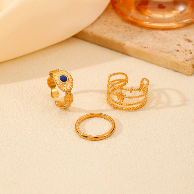 Juego De Anillos Ajustable Con Diseño Único De Acero Inoxidable Chapado En Oro 14K