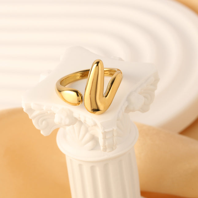Anillo Creativo En Forma De V Abierto De Estilo De Acero Inoxidable Chapado En Oro 14K