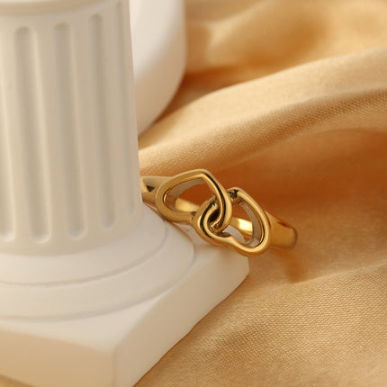 Anillo Ajustable Con Doble Corazón Para Mujer De Acero Inoxidable Chapado En Oro 14K