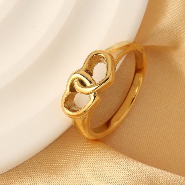 Anillo Ajustable Con Doble Corazón Para Mujer De Acero Inoxidable Chapado En Oro 14K