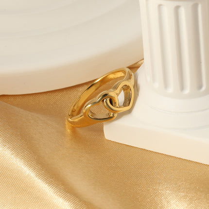 Anillo Ajustable Con Doble Corazón Para Mujer De Acero Inoxidable Chapado En Oro 14K