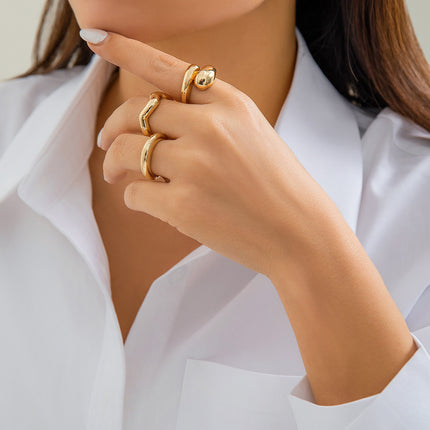 Juego De Anillos Con Diseño Superficie Geométrica De Aleación De Zinc Chapado En Oro 14K