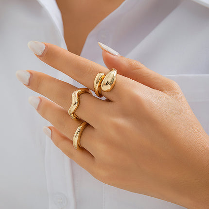 Juego De Anillos Con Diseño Superficie Geométrica De Aleación De Zinc Chapado En Oro 14K