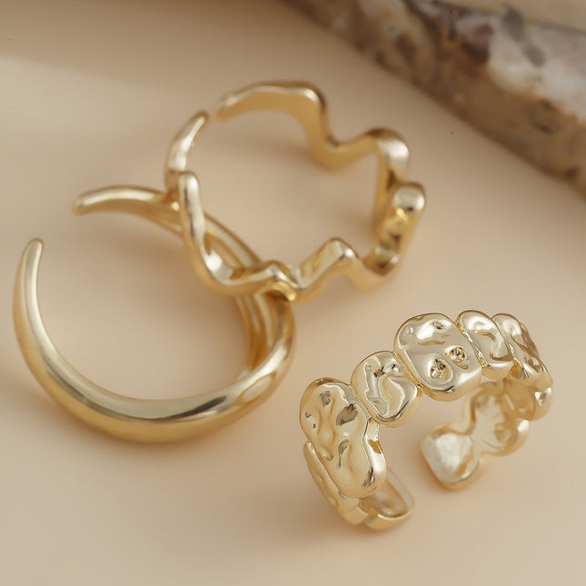 Juego De Anillos Abierto De Superficie Lisa Irregular De Aleación Chapado En Oro 14K