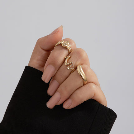 Juego De Anillos Abierto De Superficie Lisa Irregular De Aleación Chapado En Oro 14K