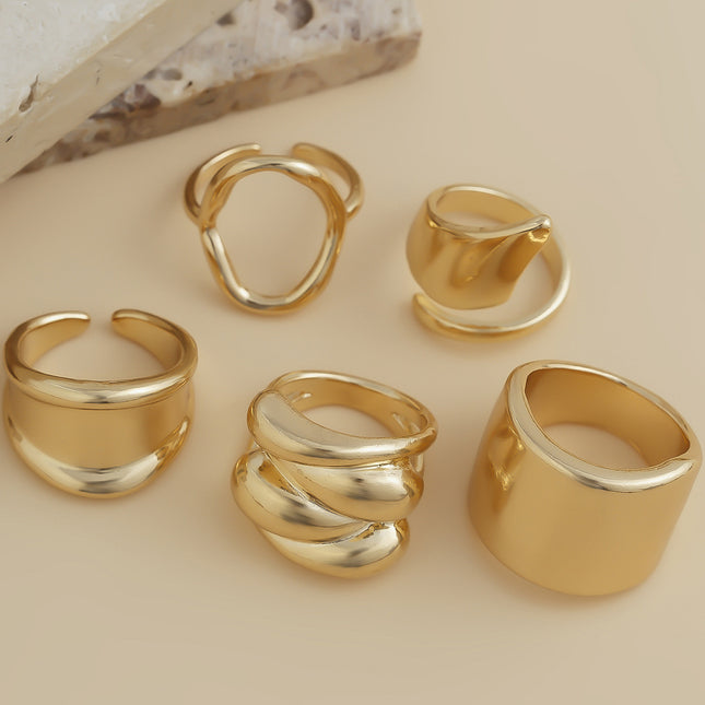 Juego De Anillos Con Diseño Irregular Sencillo De Aleación Chapado En Oro 14K
