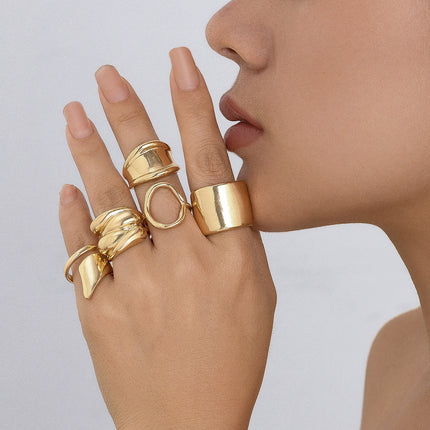 Juego De Anillos Con Diseño Irregular Sencillo De Aleación Chapado En Oro 14K