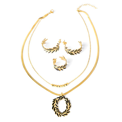 Conjunto De Pendientes, Anillo Y Collar Con Diseño De Hoja De Cobre Chapado En Oro 14K