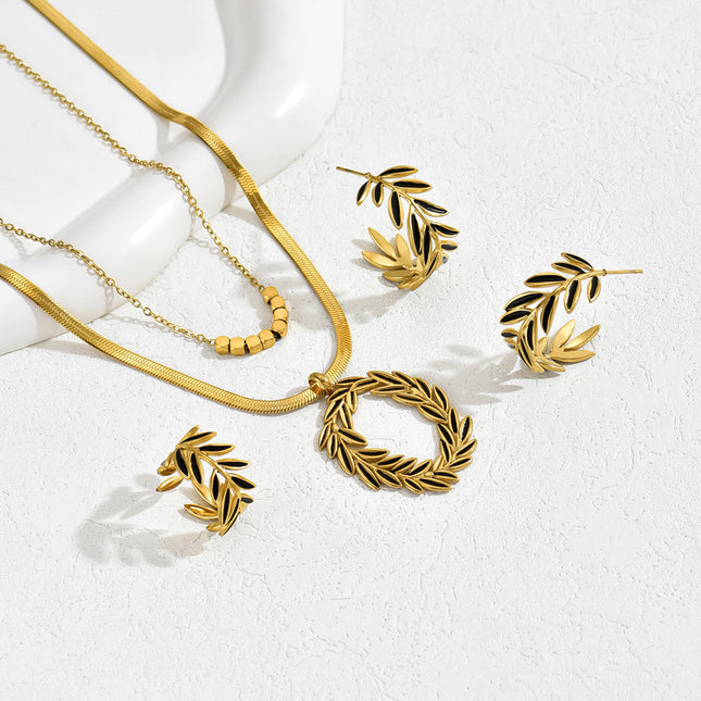 Conjunto De Pendientes, Anillo Y Collar Con Diseño De Hoja De Cobre Chapado En Oro 14K