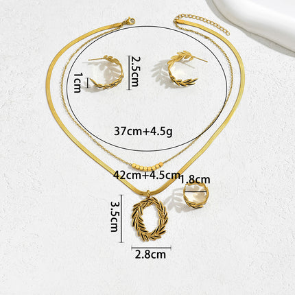 Conjunto De Pendientes, Anillo Y Collar Con Diseño De Hoja De Cobre Chapado En Oro 14K