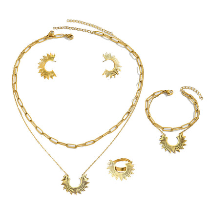 Conjunto De Pulsera, Pendientes, Collar Y Anillo Con Diseño De Flor Solar De Cobre Chapado En Oro 14K