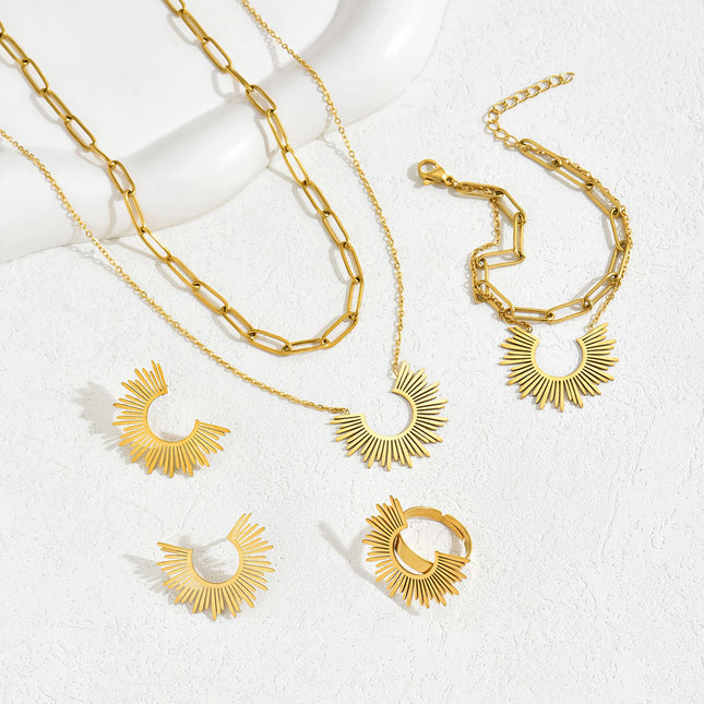 Conjunto De Pulsera, Pendientes, Collar Y Anillo Con Diseño De Flor Solar De Cobre Chapado En Oro 14K