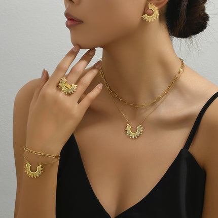 Conjunto De Pulsera, Pendientes, Collar Y Anillo Con Diseño De Flor Solar De Cobre Chapado En Oro 14K