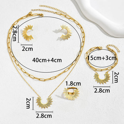 Conjunto De Pulsera, Pendientes, Collar Y Anillo Con Diseño De Flor Solar De Cobre Chapado En Oro 14K