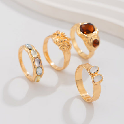 Set De Anillos Con Diseño Hueco Y Diamantes De Aleación Chapado En Oro 14K