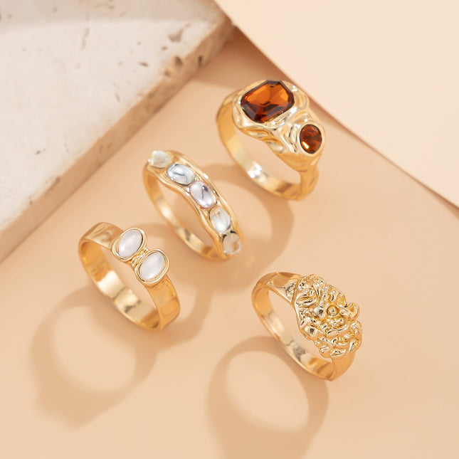 Set De Anillos Con Diseño Hueco Y Diamantes De Aleación Chapado En Oro 14K