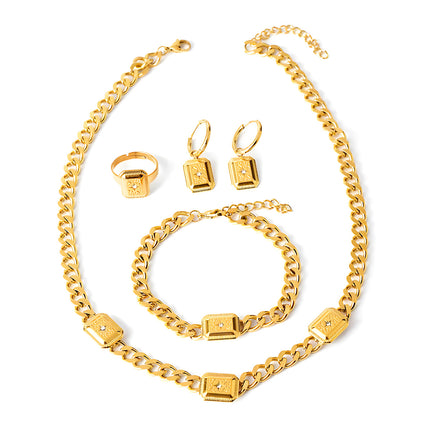 Juego De Pulsera, Anillo, Aretes Y Collar Con Zirconia Cúbica De Cobre Chapado En Oro 14K