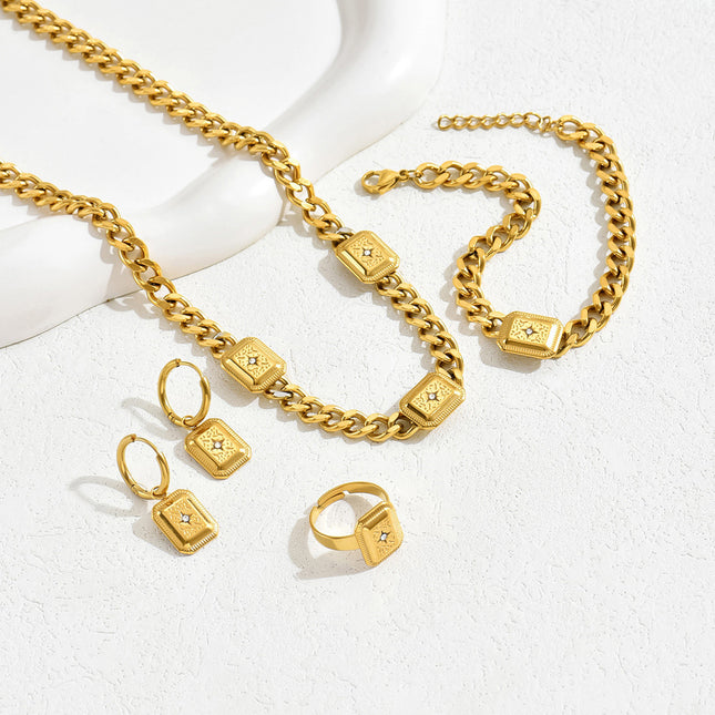 Juego De Pulsera, Anillo, Aretes Y Collar Con Zirconia Cúbica De Cobre Chapado En Oro 14K