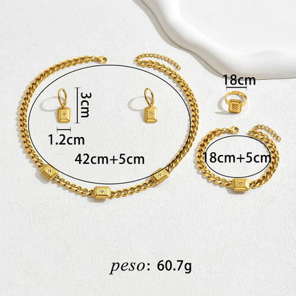 Juego De Pulsera, Anillo, Aretes Y Collar Con Zirconia Cúbica De Cobre Chapado En Oro 14K