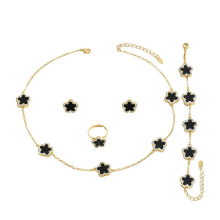 Conjunto De Pulsera, Pendientes, Collar Y Anillo Con Diseño Floral Y Diamantes De Aleación Chapado En Oro 14K