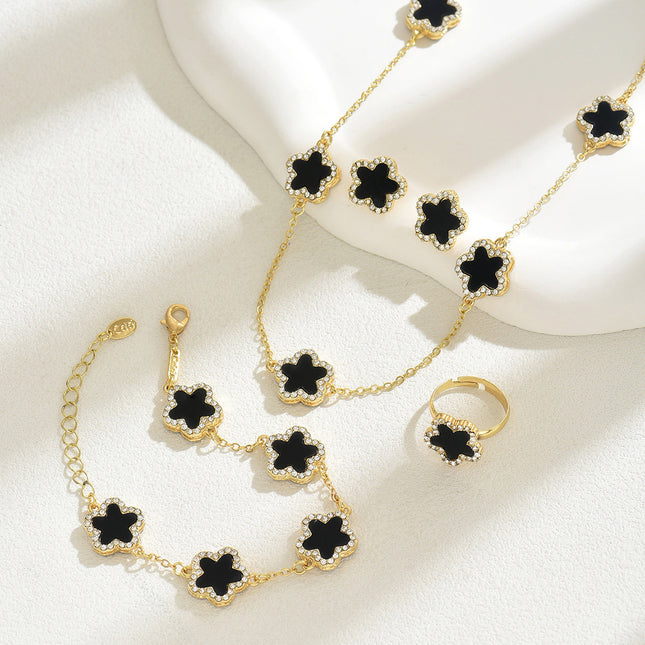 Conjunto De Pulsera, Pendientes, Collar Y Anillo Con Diseño Floral Y Diamantes De Aleación Chapado En Oro 14K