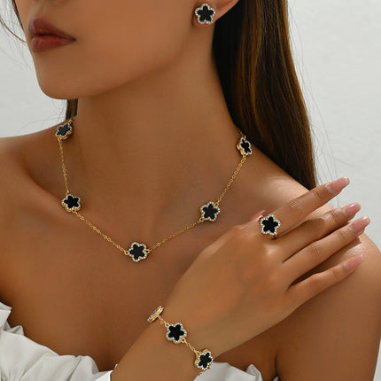 Conjunto De Pulsera, Pendientes, Collar Y Anillo Con Diseño Floral Y Diamantes De Aleación Chapado En Oro 14K