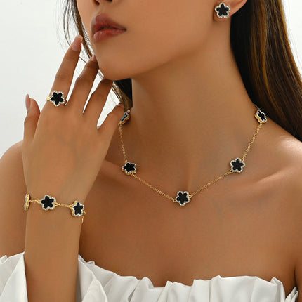 Conjunto De Pulsera, Pendientes, Collar Y Anillo Con Diseño Floral Y Diamantes De Aleación Chapado En Oro 14K