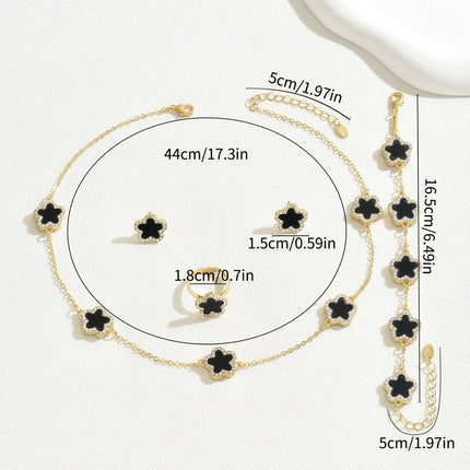 Conjunto De Pulsera, Pendientes, Collar Y Anillo Con Diseño Floral Y Diamantes De Aleación Chapado En Oro 14K