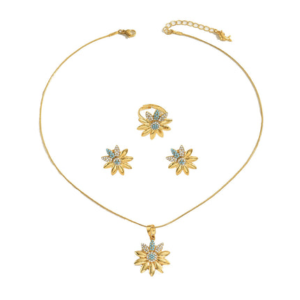 Juego De Collar, Anillo Y Aretes De Girasol Con Incrustaciones De Diamantes De Aleación Chapado En Oro 14K