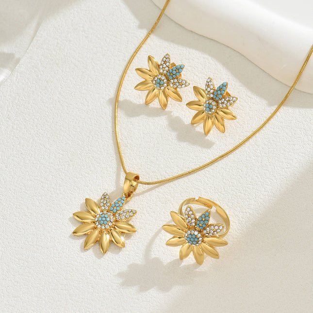 Juego De Collar, Anillo Y Aretes De Girasol Con Incrustaciones De Diamantes De Aleación Chapado En Oro 14K