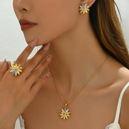 Juego De Collar, Anillo Y Aretes De Girasol Con Incrustaciones De Diamantes De Aleación Chapado En Oro 14K