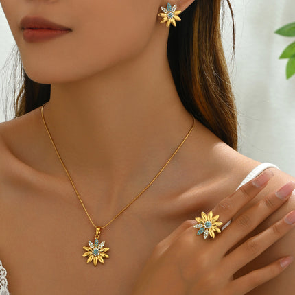 Juego De Collar, Anillo Y Aretes De Girasol Con Incrustaciones De Diamantes De Aleación Chapado En Oro 14K