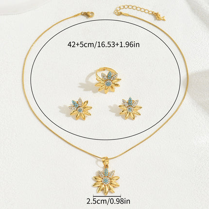 Juego De Collar, Anillo Y Aretes De Girasol Con Incrustaciones De Diamantes De Aleación Chapado En Oro 14K