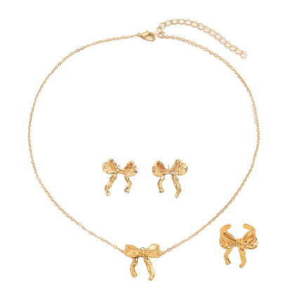 Conjunto De Pendientes, Collar Y Anillo Con Diseño De Lazo De Cobre Chapado En Oro 14K