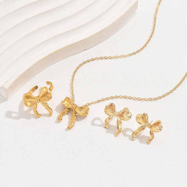 Conjunto De Pendientes, Collar Y Anillo Con Diseño De Lazo De Cobre Chapado En Oro 14K