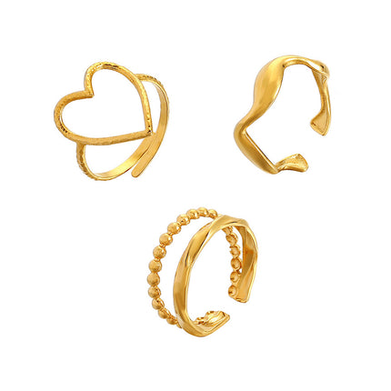 Juego De Anillos De Onda Dorada Con Corazón Para Mujer De Acero Inoxidable Chapado En Oro 14K