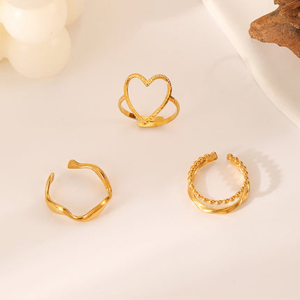 Juego De Anillos De Onda Dorada Con Corazón Para Mujer De Acero Inoxidable Chapado En Oro 14K