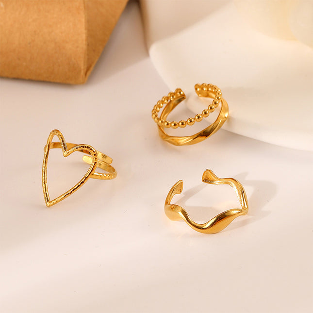 Juego De Anillos De Onda Dorada Con Corazón Para Mujer De Acero Inoxidable Chapado En Oro 14K