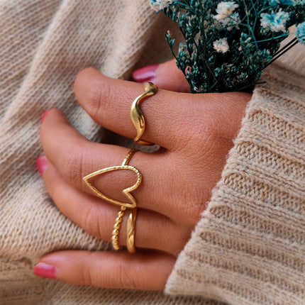 Juego De Anillos De Onda Dorada Con Corazón Para Mujer De Acero Inoxidable Chapado En Oro 14K