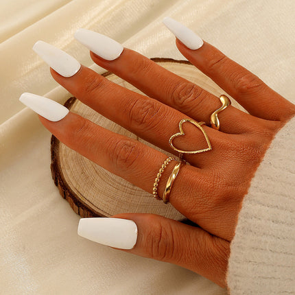 Juego De Anillos De Onda Dorada Con Corazón Para Mujer De Acero Inoxidable Chapado En Oro 14K