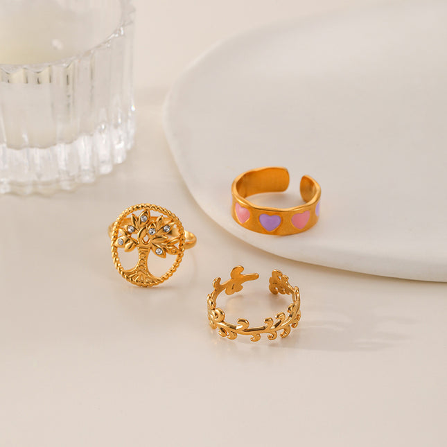 Juego De Anillos Con Diseño De Árbol De La Vida Y Corazón De Acero Inoxidable Chapado En Oro 14K