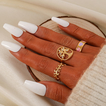 Juego De Anillos Con Diseño De Árbol De La Vida Y Corazón De Acero Inoxidable Chapado En Oro 14K
