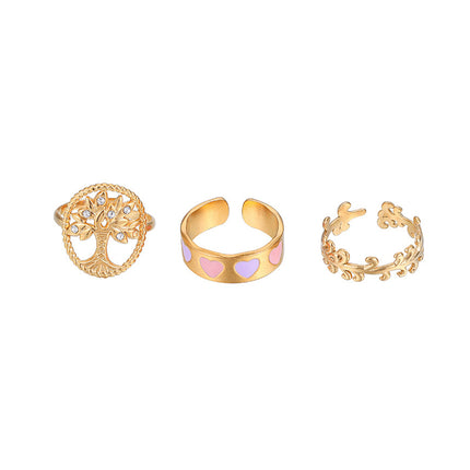 Juego De Anillos Con Diseño De Árbol De La Vida Y Corazón De Acero Inoxidable Chapado En Oro 14K