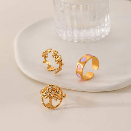 Juego De Anillos Con Diseño De Árbol De La Vida Y Corazón De Acero Inoxidable Chapado En Oro 14K