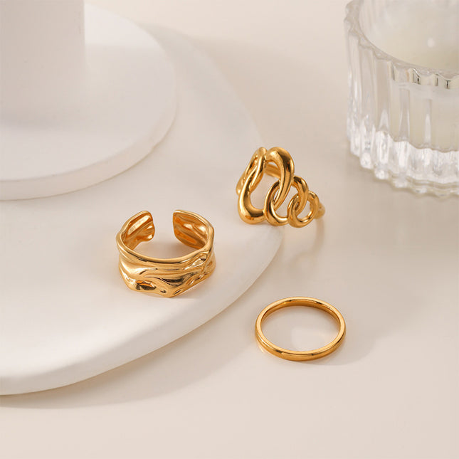 Juego De Anillos Abierto Irregular En Forma De O Con Textura De Acero Inoxidable Chapado En Oro 14K