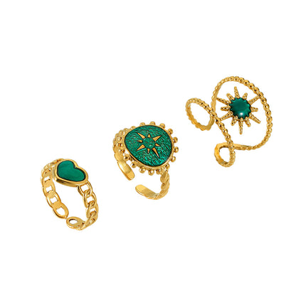Juego De Anillos Con Diseño Abierta Con Corazón Y Sol  De Acero Inoxidable Chapado En Oro 14K
